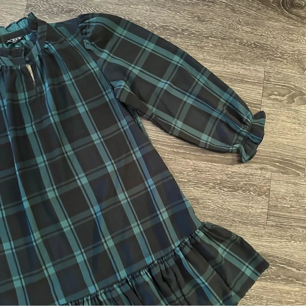 J. Crew Ruffle puff-sleeve dress in Black Watch tartan New